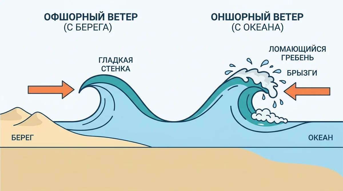 Схема: ветер с берега держит стенку волны гладкой, ветер с океана ломает гребень в брызги