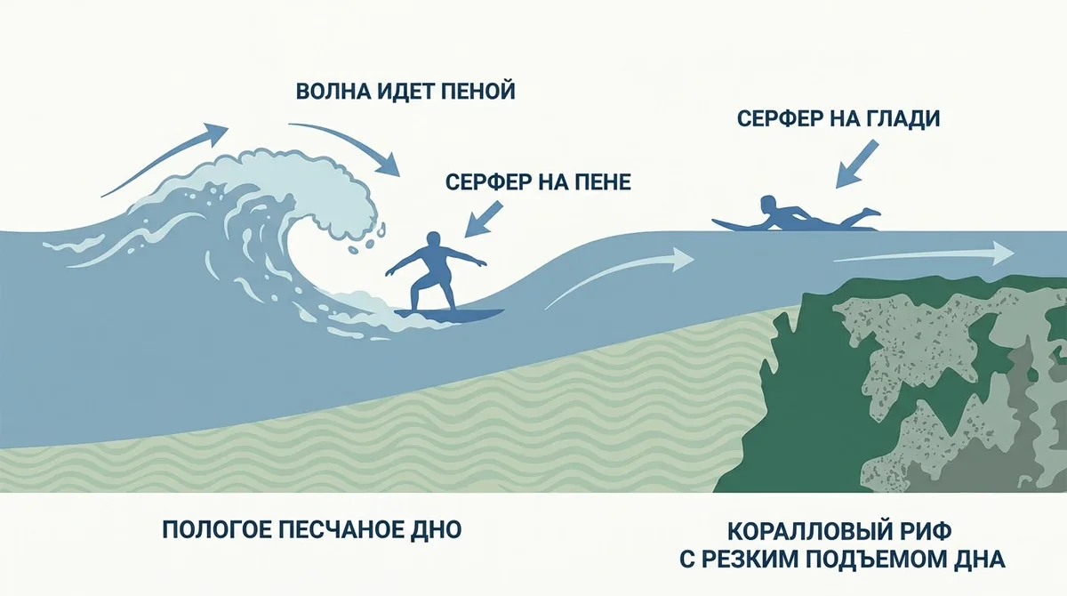 Схема: разрез берега, слева пологое песчаное дно с пеной, справа риф с резким подъемом