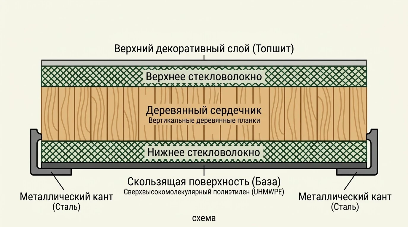 Схема: слои сноуборда в разрезе от скользяка до топшита, стальной кант по нижним углам