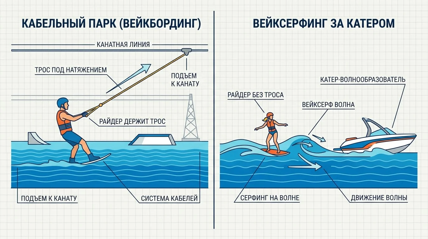 Схема: вейкборд тянет трос, вейксерф несет волна от катера